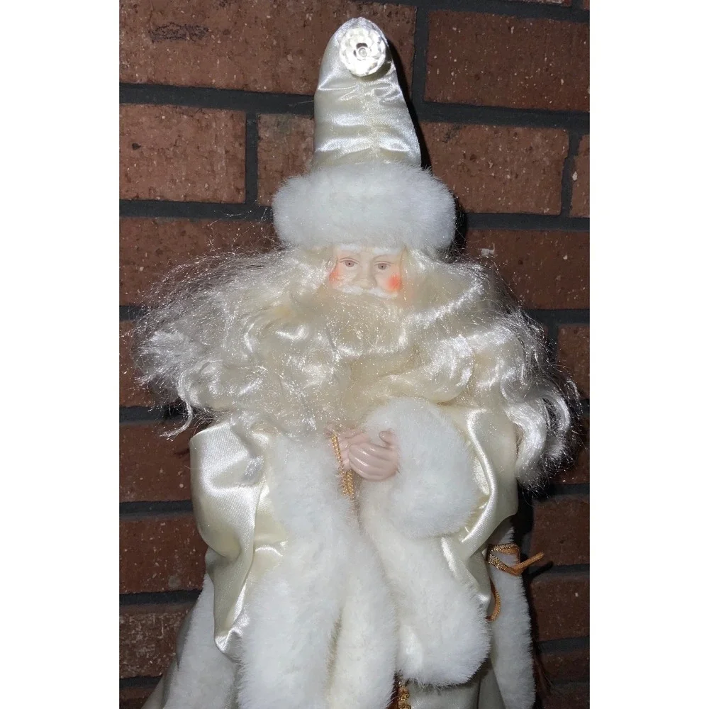 Vintage White Satin Santa Claus Tree Topper Faux Fur Father‎ Christmas Musical